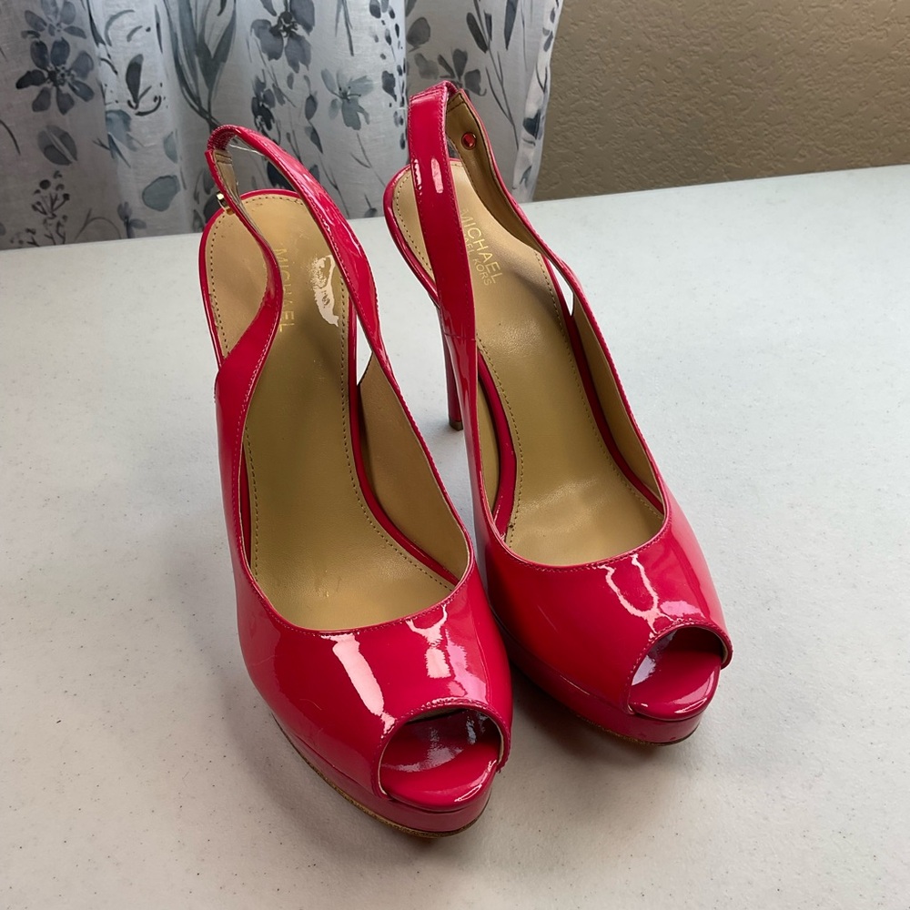 Michael Kors Women's Patent Leather Pink Peep Toe Slingback Heels sassy prom - Picture 2 of 10